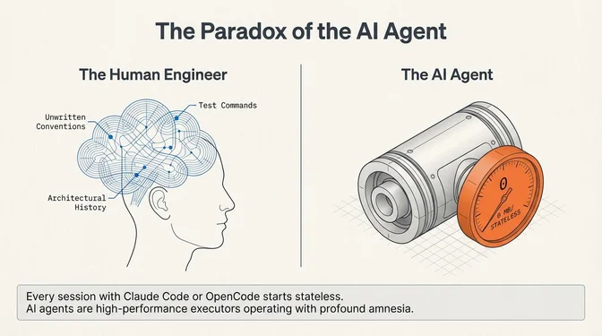 Infographic titled "The Paradox of the AI Agent" comparing a human engineer and an AI agent side by side. The human engineer appears as a head with a brain containing interconnected nodes labeled "Unwritten Conventions," "Test Commands," and "Architectural History." The AI agent appears as a mechanical device with a gauge reading "0 mb / STATELESS." Below, text reads: "Every session with Claude Code or OpenCode starts stateless. AI agents are high-performance executors operating with profound amnesia."