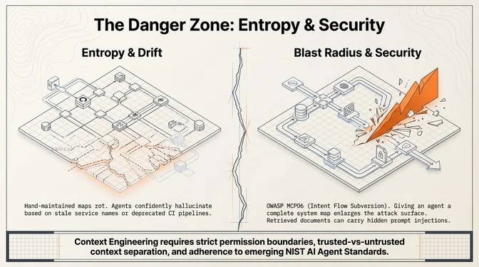 Infographic titled "The Danger Zone: Entropy & Security" split into two halves. Left: "Entropy & Drift" showing that hand-maintained maps rot as agents confidently hallucinate based on stale service names or deprecated CI pipelines. Right: "Blast Radius & Security" referencing OWASP MCP06 (Intent Flow Subversion), warning that giving an agent a system-wide map means retrieved documents can carry hidden prompt injections. Footer: "Context Engineering requires strict permission boundaries, trusted-vs-untrusted context separation, and adherence to emerging NIST AI Agent Standards."