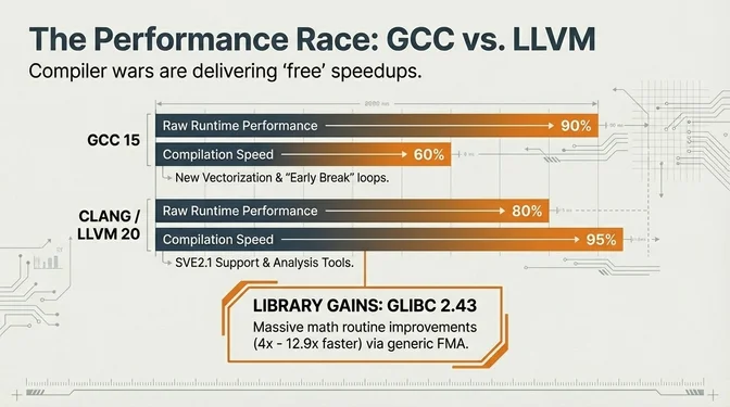 The Performance Race: GCC vs. LLVM Slide titled "The Performance Race: GCC vs. LLVM" with subtitle "Compiler wars are delivering free speedups." It compares GCC 15 and Clang/LLVM 20 performance metrics. GCC 15 shows 90% raw runtime performance and 60% compilation speed, with new vectorization and "early break" loops highlighted. Clang/LLVM 20 shows 80% raw runtime performance and 95% compilation speed, with SVE2.1 support and analysis tools noted. At the bottom, a callout highlights "Library Gains: glibc 2.43" showing massive math routine improvements of 4x to 12.9x faster via generic FMA implementation.