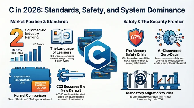 C in 2026: Standards, Safety, and System Dominance Infographic titled "C in 2026: Standards, Safety, and System Dominance," split into two sections. On the left, "Market Position & Standards" shows C solidified at number 2 in industry rankings with a 10.99% TIOBE rating, 48% of people learning to code are using C ranking it fourth as the language of learners, a kernel comparison showing approximately 34 million lines of legacy C code versus approximately 25,000 lines of integrated Rust code with status "here to stay" and no longer experimental, and C23 becoming the new default as GCC 15 transitioned the default dialect accelerating modern toolchain adoption. On the right, "Safety & The Security Frontier" highlights the memory safety crisis with 67% of zero-day vulnerabilities in 2021 attributed to memory safety issues, AI-discovered zero-days where researchers successfully used OpenAI's o3 model to identify remote vulnerabilities in the kernel, and mandatory migration to Rust as the DRM subsystem will require Rust for new drivers starting in late 2026.
