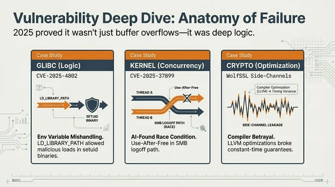 Vulnerability Deep Dive: Anatomy of Failure Slide titled "Vulnerability Deep Dive: Anatomy of Failure" with subtitle "2025 revealed deep logic flaws, not just buffer overflows." It shows three case studies. First, glibc Logic with CVE-2025-4802 showing environment variable mishandling where LD_LIBRARY_PATH allowed malicious loads in setuid binaries. Second, Kernel Concurrency with CVE-2025-37899 showing an AI-found race condition with use-after-free in the SMB logoff path discovered using OpenAI's o3 model. Third, Crypto Optimization showing WolfSSL side-channels where compiler optimizations from LLVM broke constant-time guarantees causing side-channel leakage.