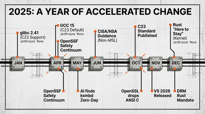 2025: A Year of Accelerated Change Timeline infographic titled "2025: A Year of Accelerated Change" showing key events across the year. January shows glibc 2.41 with C23 support. April shows GCC 15 release making C23 the default and OpenSSF Safety Continuum publication. May shows AI finding the ksmbd zero-day vulnerability. June shows CISA/NSA guidance on memory safety released as non-MSL recommendation. October shows C23 standard officially published and OpenSSL dropping ANSI C support. November shows VS 2026 released with deep Copilot integration. December shows Rust declared "here to stay" in the kernel and DRM Rust mandate announced requiring Rust for new drivers.