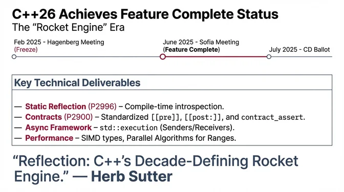 Slide titled "C++26 Achieves Feature Complete Status" showing the standardization timeline with February 2025 Hagenberg feature freeze, June 2025 Sofia feature complete, and July 2025 CD Ballot. The "Key Features" section lists Static Reflection enabling compile-time introspection, Contracts, Async Framework based on the std::execution sender/receiver model, and Performance improvements including SIMD types and parallel ranges. A highlighted quote from Herb Sutter states that Reflection is "more transformational than any 10 other major features combined" and calls it "C++'s decade-defining rocket engine."