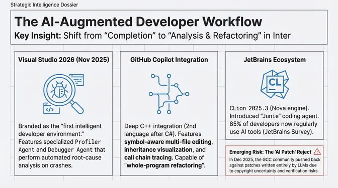 Slide titled "The AI-Augmented Developer Workflow" showing three columns of AI-enhanced development tools. The first column shows Visual Studio 2026 as the first Intelligent Developer Environment with deep Copilot integration, Profiler Agent, Debugger Agent, C++20 as default, and plus 6% Unreal Engine performance gains. The second column shows GitHub Copilot Integration with C++ becoming only the second language after C# with deep integration including symbol-aware multi-file editing, reference viewing, inheritance visualization, and call chain tracing. The third column shows JetBrains Ecosystem with CLion Nova delivering up to 4x faster performance, a Constexpr Debugger for compile-time evaluation insights, and the Junie coding agent integrated across JetBrains IDEs. A warning callout highlights "AI Patch Reject" risk noting that the GCC community debated AI-generated patches after an Intel engineer submitted a 123-line GPT-5 CodeX fix, with most maintainers opposing fully LLM-written patches citing copyright uncertainty and bug risk.