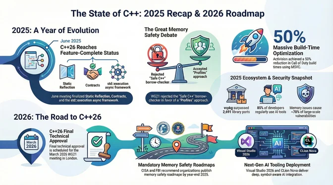 The State of C++: 2025 Recap & 2026 Roadmap Infographic titled "The State of C++: 2025 Recap & 2026 Roadmap" split into sections. "2025: A Year of Evolution" shows C++26 reaching feature-complete status in June 2025 with Static Reflection, Contracts, and std::execution async framework finalized at the June meeting. "The Great Memory Safety Debate" shows WG21 rejecting the Safe C++ borrow-checker approach and accepting the Profiles approach. "50% Massive Build-Time Optimization" highlights Activision achieving a 50% reduction in Call of Duty build times using MSVC. "2025 Ecosystem & Security Snapshot" shows vcpkg surpassing 2,691 library ports, 85% of developers regularly using AI tools, and memory issues causing approximately 70% of large-scale vulnerabilities. "2026: The Road to C++26" shows C++26 Final Technical Approval scheduled for the March 2026 WG21 meeting in London. Other sections cover "Mandatory Memory Safety Roadmaps" with CISA and FBI recommending organizations publish memory safety roadmaps by year-end 2025, and "Next-Gen AI Tooling Deployment" with Visual Studio 2026 and CLion Nova delivering deep symbol-aware AI integration.