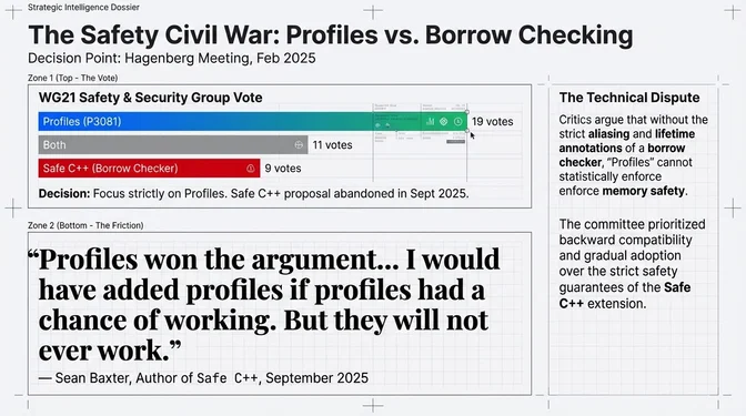 Strategic Intelligence Dossier titled "The Safety Civil War: Profiles vs. Borrow Checking" with decision point at the Hagenberg Meeting in February 2025. Zone 1 shows the WG21 Safety & Security Group Vote results: Profiles P3081 received 19 votes shown as a green bar, Both received 11 votes, and Safe C++ Borrow Checker received 9 votes shown as a red bar. The decision was to focus strictly on Profiles with the Safe C++ proposal abandoned in September 2025. Zone 2 shows the friction with a prominent quote from Sean Baxter, author of Safe C++, from September 2025: "Profiles won the argument... I would have added profiles if profiles had a chance of working. But they will not ever work." The Technical Dispute sidebar explains that critics argue without strict aliasing and lifetime annotations of a borrow checker, Profiles cannot statistically enforce memory safety, and that the committee prioritized backward compatibility and gradual adoption over the strict safety guarantees of the Safe C++ extension.
