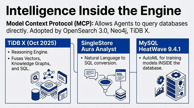 Intelligence Inside the Engine: Databases Absorb AI Natively Graphic titled "Intelligence Inside the Engine" showing AI capabilities built directly into database engines via Model Context Protocol (MCP), adopted by OpenSearch 3.0, Neo4j, and TiDB X. Three product examples: TiDB X (October 2025) with a Reasoning Engine fusing vectors, knowledge graphs, and SQL; SingleStore Aura Analyst with natural language to SQL conversion; and MySQL HeatWave 9.4.1 with AutoML for training models inside the database.