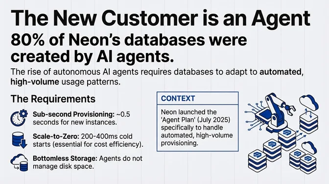 The New Customer Is an Agent: AI-Driven Database Provisioning Graphic headlined "The New Customer is an Agent" showing that AI agents created 80% of Neon's databases. Lists three requirements for AI agent database workloads: sub-second provisioning at approximately 0.5 seconds for new instances, scale-to-zero with 200-400ms cold starts for cost efficiency, and bottomless storage where agents do not manage disk space. A context box notes Neon launched the Agent Plan in July 2025 specifically to handle automated high-volume provisioning.