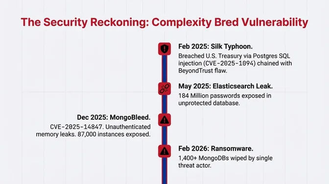 The Security Reckoning: Major Database Breaches 2025-2026 Vertical timeline titled "The Security Reckoning: Complexity Bred Vulnerability" showing four major database security incidents. February 2025: Silk Typhoon breached the U.S. Treasury via Postgres SQL injection (CVE-2025-1094) chained with a BeyondTrust flaw. May 2025: Elasticsearch leak exposed 184 million passwords in an unprotected database. December 2025: MongoBleed (CVE-2025-14847) caused unauthenticated memory leaks across 87,000 MongoDB instances. February 2026: ransomware attack wiped over 1,400 MongoDB databases by a single threat actor.