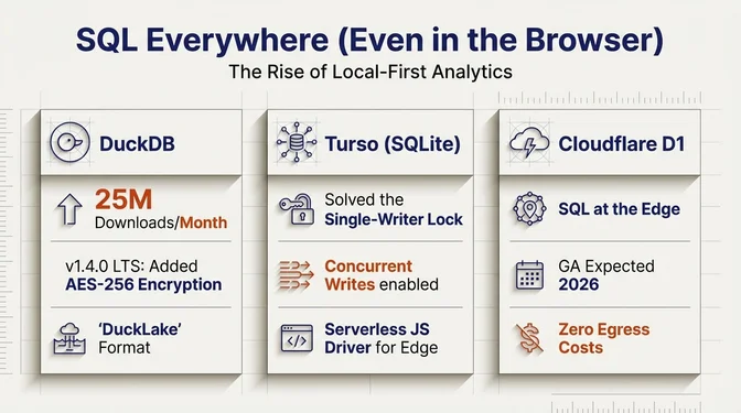 SQL Everywhere: DuckDB, Turso, and Cloudflare D1 Push Data to the Edge Three-panel comparison titled "SQL Everywhere (Even in the Browser): The Rise of Local-First Analytics." The DuckDB panel shows 25 million downloads per month, v1.4.0 LTS adding AES-256 encryption, and the new DuckLake format. The Turso (SQLite) panel shows it solved the single-writer lock, enabled concurrent writes, and launched a serverless JavaScript driver for edge deployment. The Cloudflare D1 panel shows SQL at the edge, GA expected in 2026, and zero egress costs.