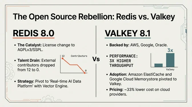 The Open Source Rebellion: Redis License Fallout vs. Valkey Momentum Side-by-side comparison titled "The Open Source Rebellion: Redis vs. Valkey." Redis 8.0 on the left shows the license change to AGPLv3/SSPL as the catalyst, a declining line graph of external contributors dropping from 12 to zero, and a strategy pivot to real-time AI data platform with Vector Engine. Valkey 8.1 on the right shows backing by AWS, Google, and Oracle, a bar chart showing 3x higher throughput, adoption by Amazon ElastiCache and Google Cloud Memorystore, and approximately 33% lower cost on cloud providers.