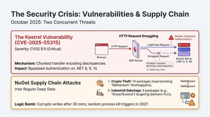 The Security Crisis of October 2025: Kestrel Vulnerabilities and NuGet Supply-Chain Attacks Infographic titled "The Security Crisis: Vulnerabilities & Supply Chain" describing two concurrent security threats in October 2025 affecting the .NET ecosystem. The top section details the Kestrel vulnerability (CVE-2025-55315) with a CVSS 9.9 critical rating, explaining an HTTP request smuggling attack caused by chunked transfer encoding discrepancies that allowed authentication bypass on .NET 8, 9, and 10. A diagram shows a smuggled request bypassing a WAF and reaching the Kestrel server. The bottom section covers NuGet supply-chain attacks, including crypto-theft packages impersonating "Nethereum" via homoglyphs, industrial sabotage packages such as "Sharp7Extend" targeting Siemens PLCs, and logic bombs designed to corrupt writes after 30 minutes and trigger random process kills in 2027.