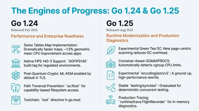 The Engines of Progress: Key Advances in Go 1.24 and Go 1.25 Infographic titled "The Engines of Progress: Go 1.24 & Go 1.25" comparing two major Go releases. The left column describes Go 1.24, released in February 2025, focusing on performance and enterprise readiness with Swiss Tables map implementation for significantly faster maps, native FIPS 140-3 support via the GOFIPS140 build tag, post-quantum cryptography (ML-KEM) enabled by default in TLS, path-traversal prevention using os.Root for capability-based filesystem access, and a new tool directive in go.mod. The right column covers Go 1.25, released in August 2025, highlighting runtime modernization and production diagnostics such as the experimental Green Tea garbage collector with reduced GC overhead, container-aware GOMAXPROCS that detects cgroup CPU limits, an experimental high-performance encoding/json/v2 rewrite, stable testing/synctest for deterministic concurrent testing, and runtime/trace.FlightRecorder for in-memory production tracing.