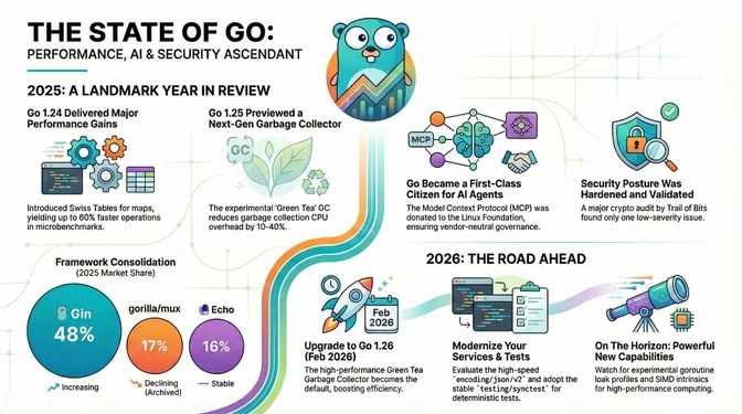 The State of Go: Performance, AI, and Security Take Center Stage Infographic titled "The State of Go: Performance, AI & Security Ascendant" reviewing major developments in Go during 2025 and outlining the road ahead for 2026. It highlights Go 1.24 delivering major performance gains, including up to 60% faster map operations using Swiss Tables, and Go 1.25 previewing a next-generation "Green Tea" garbage collector that reduces CPU overhead by 10–40%. The graphic shows Go becoming a first-class language for AI agents through adoption of the Model Context Protocol (MCP), which Anthropic donated to the Linux Foundation, and notes a hardened security posture validated by a Trail of Bits audit. It also depicts framework consolidation with Gin leading at 48% market share, Gorilla/Mux declining, and Echo remaining stable. The 2026 roadmap includes upgrading to Go 1.26, modernizing services and tests, and exploring upcoming performance features such as experimental goroutine profiles and SIMD intrinsics.