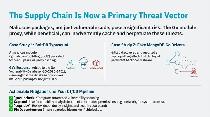 Software Supply Chains as a Primary Threat Vector in Go Infographic titled "The Supply Chain Is Now a Primary Threat Vector" explaining rising supply-chain risks in the Go ecosystem. It emphasizes that malicious packages, not just vulnerable code, pose significant danger and that the Go module proxy can inadvertently cache and perpetuate threats. The infographic presents two case studies: a BoltDB typosquatting attack where a malicious module persisted for over three years via proxy caching and the Go team added it to the Go Vulnerability Database as GO-2025-3451, and a fake MongoDB Go driver typosquatting attack reported by GitLab that deployed persistent backdoor malware. The bottom section lists actionable CI/CD mitigations including integrating govulncheck for automated scanning, using Capslock for capability analysis, reviewing dependencies with deps.dev security scorecards, and pinning dependencies to ensure reproducible and verifiable builds.