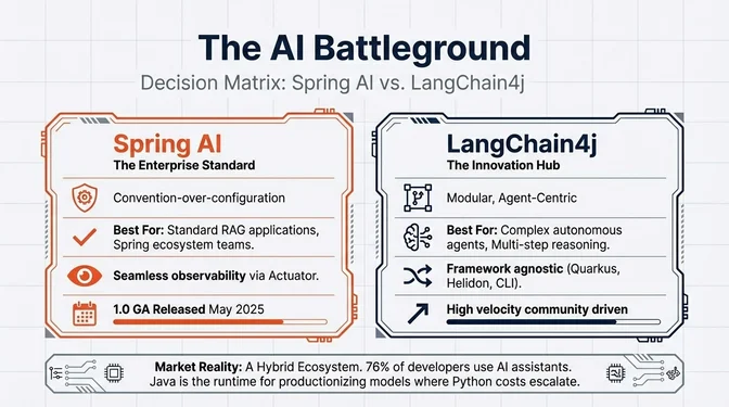 The AI Battleground: Choosing Between Spring AI and LangChain4j Infographic titled "The AI Battleground: Decision Matrix: Spring AI vs. LangChain4j" comparing two JVM-based AI frameworks. On the left, the infographic presents Spring AI as the enterprise standard, emphasizing convention-over-configuration, suitability for standard RAG applications and Spring ecosystem teams, seamless observability via Spring Actuator, and a 1.0 GA release in May 2025. On the right, the infographic shows LangChain4j as the innovation hub, highlighting a modular, agent-centric design, support for complex autonomous agents and multi-step reasoning, framework-agnostic usage across Quarkus, Helidon, and CLI environments, and a fast-moving, community-driven development pace. A footer notes the market reality of a hybrid ecosystem, with 76% of developers using AI assistants and Java serving as the runtime for productionizing AI systems where Python costs scale.