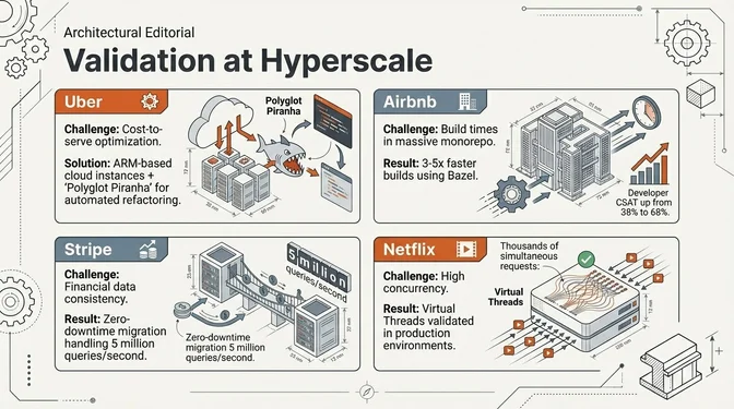 Validation at Hyperscale: How Modern Platforms Perform in Production Infographic titled "Validation at Hyperscale" presenting real-world architectural case studies from large technology companies. It highlights Uber optimizing cost-to-serve by using ARM-based cloud instances and an internal tool called "Polyglot Piranha" for automated refactoring. Airbnb's case shows improving build performance in a massive monorepo, achieving three- to five-times faster builds with Bazel and increasing developer CSAT from 38% to 68%. Stripe's example shows a zero-downtime migration while consistently handling around five million queries per second, ensuring financial data consistency. Netflix's case validates the use of virtual threads in production, supporting thousands of simultaneous requests and high-concurrency workloads.