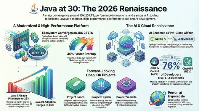 Java at 30: The 2026 Renaissance of Cloud, Performance, and AI Infographic titled "Java at 30: The 2026 Renaissance" describing a major convergence in the Java ecosystem around JDK 25 LTS. On the left, it shows Java evolving into a modern, high-performance platform with Spring Boot 4 and Jakarta EE 11 aligning on modern Java (21+), delivering up to 40% faster startup through Project Leyden's AOT work, declining Java 8 usage falling to about 23%, and Java 21 adoption rising to roughly 45%. The center highlights forward-looking OpenJDK initiatives including Project Loom for virtual threads, Project Leyden for ahead-of-time startup and memory improvements, and Project Valhalla for next-generation memory efficiency. On the right, it illustrates an AI and cloud renaissance, with AI becoming a first-class citizen on the JVM through frameworks like Spring AI and LangChain4j, 76% of developers using AI assistants such as GitHub Copilot and ChatGPT, and proven hyperscale deployments like Stripe handling millions of queries per second with zero downtime.
