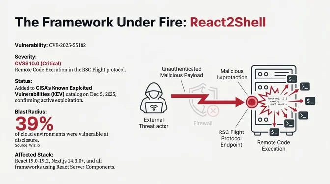 React2Shell: A Critical React Server Components RCE Threat Infographic detailing the React2Shell vulnerability (CVE-2025-55182), a critical remote code execution flaw in the React Server Components Flight protocol. It shows an unauthenticated attacker sending a malicious payload past defenses to an RSC Flight endpoint, resulting in remote code execution. The graphic highlights a CVSS 10.0 severity rating, inclusion in CISA's Known Exploited Vulnerabilities catalog, an estimated 39% of cloud environments exposed at disclosure, and affected versions including React 19.0–19.2, Next.js 14.3 and later, and other frameworks using React Server Components.