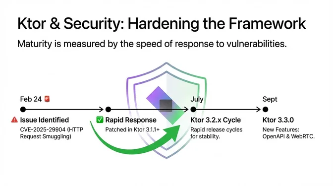 Infographic titled "Ktor & Security: Hardening the Framework" illustrating how the Ktor project responded quickly to a security issue in 2025. A timeline shows a vulnerability identified on February 24 (CVE-2025-29904, HTTP request smuggling), followed by a rapid response with fixes released in Ktor 3.1.1 and later. The graphic highlights the Ktor 3.2.x release cycle in July focused on stability through fast iterations, and concludes with Ktor 3.3.0 in September introducing new features such as OpenAPI and WebRTC. The visual emphasizes maturity through fast patching and continuous hardening.