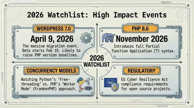 2026 Watchlist: High-Impact Events Shaping the PHP Ecosystem Infographic titled "2026 Watchlist: High Impact Events" highlighting key developments to track in 2026. It lists WordPress 7.0 releasing on April 9, 2026, with beta starting February 19 and triggering a massive migration likely to raise PHP version baselines. It highlights PHP 8.6 arriving in November 2026, introducing full partial function application syntax. Another panel tracks concurrency models, comparing Python's emerging free-threading approach with PHP's worker-mode strategy via FrankenPHP. A final panel notes regulatory considerations, specifically compliance requirements for open source projects under the EU Cyber Resilience Act.