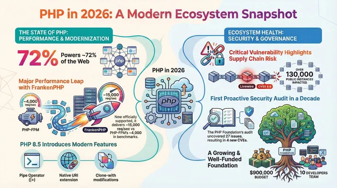 PHP in 2026: Performance Gains Meet a Stronger, Safer Ecosystem Infographic titled "PHP in 2026: A Modern Ecosystem Snapshot" summarizing the state of PHP in 2026. On the left, it highlights performance and modernization, noting that PHP powers roughly 72% of the web, with major performance improvements driven by FrankenPHP, which delivers about 15,000 requests per second compared to PHP-FPM's roughly 4,000. It also highlights PHP 8.5 introducing modern features such as the pipe operator, a native URI extension, and clone-with-modifications. On the right, it focuses on ecosystem health, security, and governance, showing critical supply-chain vulnerabilities impacting over 130,000 public instances, the first proactive security audit in a decade uncovering 27 issues and four new CVEs, and a growing, well-funded PHP Foundation with an approximately $900,000 budget and a 10-developer team.