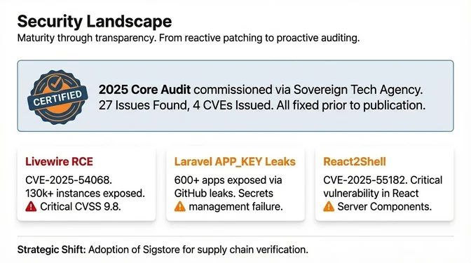 Security Landscape: From Reactive Patching to Proactive Assurance Infographic titled "Security Landscape" describing a shift toward greater security maturity through transparency and proactive auditing. It highlights a 2025 core security audit commissioned via the Sovereign Tech Agency that identified 27 issues, resulted in four CVEs, and was fully remediated before publication. Below, the infographic summarizes three major incidents: a Livewire remote code execution vulnerability (CVE-2025-54068) with a critical CVSS 9.8 rating impacting over 130,000 instances; widespread Laravel APP_KEY leaks affecting more than 600 applications due to secrets management failures; and the React2Shell vulnerability (CVE-2025-55182), a critical flaw in React Server Components. A concluding note emphasizes a strategic shift toward adopting Sigstore for software supply-chain verification.