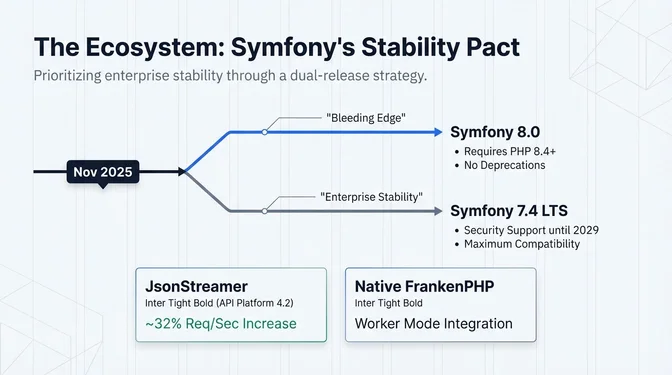 Symfony's Stability Pact: Balancing Innovation and Long-Term Support Infographic titled "The Ecosystem: Symfony's Stability Pact" illustrating Symfony's dual-release strategy introduced in November 2025. The diagram shows the framework splitting into two paths: a "Bleeding Edge" track leading to Symfony 8.0, which requires PHP 8.4 or newer and introduces no deprecations, and an "Enterprise Stability" track leading to Symfony 7.4 LTS, offering full compatibility with security support through 2029. More callouts highlight performance and runtime advances, including JsonStreamer integration in API Platform 4.2 delivering roughly a 32% increase in requests per second, and native FrankenPHP support with worker mode integration for improved throughput.