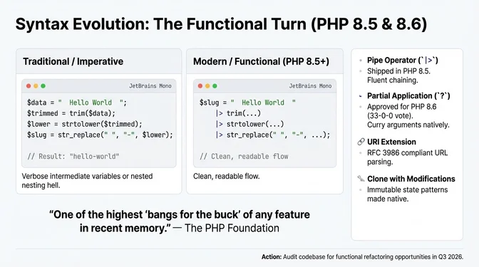 PHP's Functional Turn: How PHP 8.5 and 8.6 Modernize Syntax Infographic titled "Syntax Evolution: The Functional Turn (PHP 8.5 & 8.6)" comparing traditional imperative PHP code with a modern functional style introduced in PHP 8.5 and later. On the left, it shows verbose imperative code with intermediate variables and nested function calls. In the center, it shows the new functional style using the pipe operator (|>) to create clean, readable transformation flows. On the right, it lists key language features: the pipe operator shipped in PHP 8.5 for fluent chaining, partial application (?) approved for PHP 8.6 enabling native currying, an RFC 3986-compliant URI extension, and clone-with-modifications for immutable state patterns.