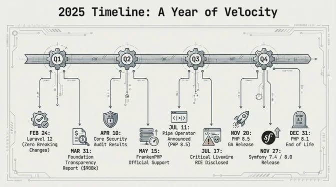 PHP in 2025: A Year of Velocity Across the Ecosystem Timeline graphic titled "2025 Timeline: A Year of Velocity" showing major milestones in the PHP ecosystem throughout 2025. In Q1, it highlights Laravel 12 releasing on February 24 with zero breaking changes, the PHP Foundation publishing a transparency report on March 31 showing roughly $900K in funding, and a core security audit completed on April 10. In Q2, FrankenPHP gains official support on May 15. In Q3, the PHP team announces PHP 8.5's pipe operator on July 11, followed by disclosure of a critical Livewire remote code execution vulnerability on July 17. In Q4, PHP 8.5 reaches general availability on November 20, Symfony 7.4 and 8.0 release on November 27, and PHP 8.1 reaches end of life on December 31.