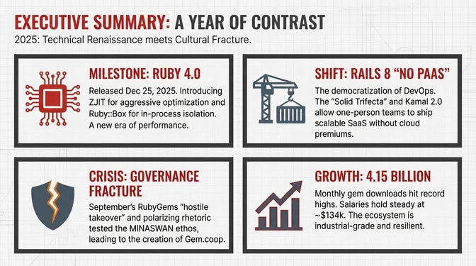 Ruby 2025 executive summary showing a year of contrast: Ruby 4.0 released December 25 with ZJIT and Ruby::Box, Rails 8 No PaaS philosophy with Solid Trifecta and Kamal 2.0 enabling one-person teams to ship SaaS, governance fracture from September RubyGems takeover and polarizing rhetoric testing MINASWAN ethos, and growth reaching 4.15 billion monthly gem downloads with salaries holding at 134,000 dollars