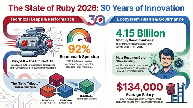 Infographic showing Ruby's 2025 milestones: Ruby 4.0 with ZJIT for aggressive optimization and Ruby::Box for in-process isolation, YJIT 3.4 delivering 92 percent benchmark speedup over the interpreter, the Solid Trifecta replacing Redis with Solid Queue, Solid Cable, and Solid Cache, 4.15 billion monthly gem downloads in April 2025, Matz resuming core stewardship after governance crisis, and 134,000 dollar average Ruby developer salary