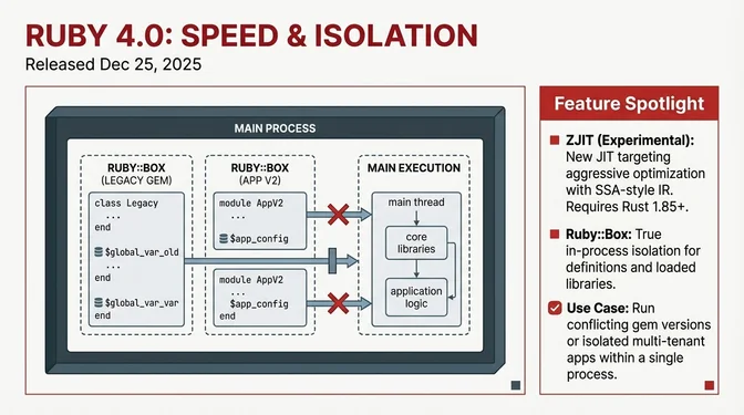 Ruby 4.0 speed and isolation architecture released December 25 2025: Ruby::Box providing true in-process isolation with segregated object spaces for legacy gems and app versions preventing monkey-patches from leaking between boxes, ZJIT experimental JIT compiler targeting aggressive optimization with SSA-style IR requiring Rust 1.85 or newer, and use cases including running conflicting gem versions or isolated multi-tenant apps within a single process