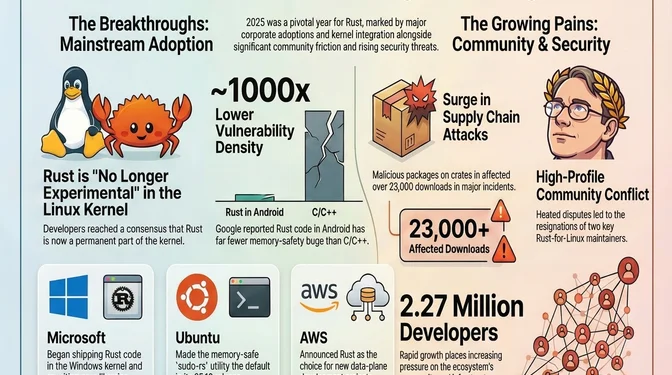 Infographic titled "Rust in 2025: A Year of Breakthroughs & Growing Pains" summarizing a transformative year for the Rust ecosystem. The left side highlights breakthroughs, including Rust becoming a permanent part of the Linux kernel, roughly 1000× lower vulnerability density compared to C/C++ in environments like Android, and major adoption by Microsoft (shipping Rust in the Windows kernel), Ubuntu (making memory-safe sudo-rs the default), and AWS (choosing Rust for new data-plane development). The right side shows growing pains, including a surge in supply-chain attacks on crates.io affecting over 23,000 downloads, high-profile community conflicts leading to maintainer resignations, and rapid ecosystem growth to about 2.27 million developers, increasing strain on governance and infrastructure.