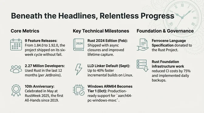 Slide titled "Beneath the Headlines, Relentless Progress" summarizing Rust's steady technical and organizational advances. Under "Core Metrics," it notes nine feature releases from versions 1.84.0 to 1.92.0 delivered on a consistent six-week cadence, growth to about 2.27 million developers using Rust in the past year, and the project's 10th anniversary celebrated at RustWeek 2025. "Key Technical Milestones" highlights the Rust 2024 Edition shipping with async closures, the LLD linker becoming the default on Linux with up to 40% faster incremental builds, and Windows ARM64 reaching Tier 1 support. "Foundation & Governance" notes the donation of the Ferrocene Language Specification to the Rust Project and Rust Foundation infrastructure improvements that reduced CI costs by 75% and added daily backups.