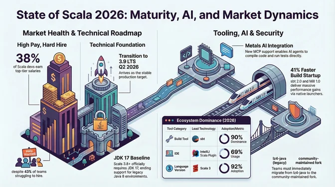 Infographic titled "State of Scala 2026: Maturity, AI, and Market Dynamics" split into two sections. On the left, "Market Health & Technical Roadmap" shows 38% of Scala developers earn top-tier salaries despite 43% of teams struggling to hire, JDK 17 baseline with Scala 3.8+ officially requiring JDK 17 and ending support for legacy Java 8 environments, and transition to Scala 3.9 LTS arriving Q2 2026 as the stable production target. On the right, "Tooling, AI & Security" highlights Metals AI Integration with MCP support enabling AI agents to compile code and run tests directly, 41% faster build startup with sbt 2.0 and Mill 1.0 delivering performance gains via native launchers, ecosystem dominance showing sbt at 90%, IntelliJ Scala Plugin at 69% usage, and Scala 3 at 92% adoption, plus lz4-java security warning requiring teams to migrate to the community-maintained fork.