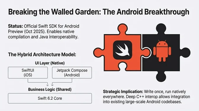 Infographic titled "Breaking the Walled Garden: The Android Breakthrough" describing Swift's expansion to Android. It notes the official Swift SDK for Android preview released in October 2025, enabling native compilation and interoperability with Java. A hybrid architecture diagram shows native UI layers (SwiftUI on iOS and Jetpack Compose on Android) sharing a common business logic layer written in Swift 6.2 core. A strategic callout emphasizes the implication of "write once, run natively everywhere," highlighting deep C++ interoperability that allows Swift to integrate into existing large-scale Android codebases.