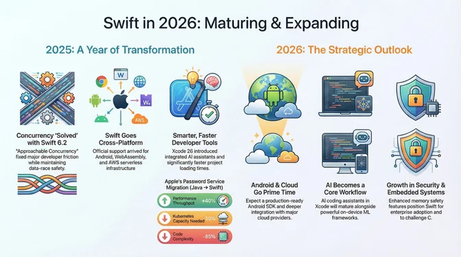 Infographic titled "Swift in 2026: Maturing & Expanding" summarizing Swift's evolution from 2025 into its 2026 outlook. The left section, "2025: A Year of Transformation," highlights that concurrency issues were largely resolved with Swift 6.2's "approachable concurrency," Swift gained official cross-platform support for Android, WebAssembly, and AWS serverless environments, and developer tooling improved significantly with Xcode 26 and integrated AI assistants. It also references Apple's migration of the Password Monitoring Service from Java to Swift, achieving about 40% higher throughput, 50% lower Kubernetes capacity needs, and an 85% reduction in code complexity. The right section, "2026: The Strategic Outlook," shows Android and cloud adoption entering a prime phase with a production-ready Android SDK, AI becoming a core part of the development workflow, and continued growth in security-critical and embedded domains.