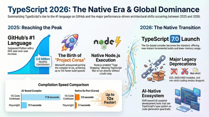 Infographic titled "TypeScript 2026: The Native Era & Global Dominance" summarizing TypeScript's rise and architectural transformation from 2025 to 2026. The left section shows 2025 as a peak year, with TypeScript becoming GitHub's number one language, reaching about 2.6 million monthly contributors and growing 66% year over year. It highlights the birth of Project Corsa, Microsoft's Go-based port of the TypeScript compiler, delivering up to 10× faster build speeds, and native Node.js execution via type stripping that allows TypeScript files to run without a separate build step. A compilation speed comparison shows dramatic improvements, including the VS Code codebase compiling in about 7.5 seconds versus down from 77.8 seconds. The right section outlines 2026's native transition, featuring the TypeScript 7.0 launch with the Go-based compiler as the standard, major legacy deprecations such as ES5 and non-strict modes, and an AI-native ecosystem where TypeScript's type system serves as guardrails for AI-assisted development.