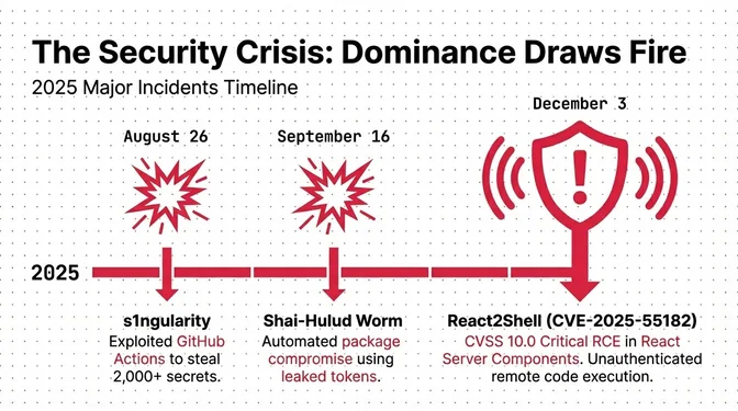 Timeline graphic titled "The Security Crisis: Dominance Draws Fire" summarizing major security incidents in 2025. It shows three key events across the year: on August 26, the "s1ngularity" incident exploited GitHub Actions to steal more than 2,000 secrets; on September 14-15, the Shai-Hulud worm carried out automated package compromises using stolen tokens; and on December 3, Wiz disclosed the React2Shell vulnerability (CVE-2025-55182), a CVSS 10.0 critical unauthenticated remote code execution flaw in React Server Components. The timeline emphasizes how widespread adoption and ecosystem dominance made popular platforms prime targets for increasingly sophisticated attacks.