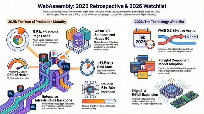 WebAssembly 2025 Retrospective and 2026 Watchlist WebAssembly 2025 Retrospective and 2026 Watchlist infographic showing 5.5% Chrome page loads, Wasm 3.0 with GC and Memory64, approximately 0.5ms cold start times, 95% native speed benchmarks, SIMD usage increase of 61x to 80x, and key 2026 watchlist items including WASI 0.3, Component Model, and WASI 1.0