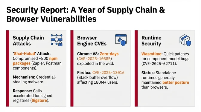 WebAssembly Security Landscape 2025 Security report covering a year of supply chain and browser vulnerabilities: Shai-Hulud attack compromising approximately 800 npm packages including Zapier and PostHog, Chrome V8 zero-days exploited in the wild, Firefox CVE-2025-13016 affecting 180 million users, and Wasmtime maintaining quick security patches