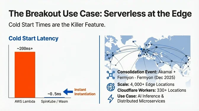 Serverless Edge Cold Start Comparison The breakout use case for serverless at the edge: comparison showing AWS Lambda cold starts at 200ms or more versus SpinKube and Wasm achieving approximately 0.5ms cold starts, with Akamai acquiring Fermyon to deploy across 4000 plus global edge locations