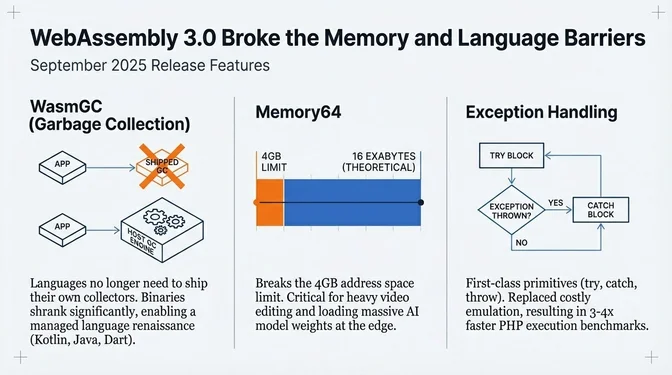 WebAssembly 3.0 Capabilities WebAssembly 3.0 broke the memory and language barriers: WasmGC enabling managed languages like Java, Kotlin, and Dart without bundling garbage collectors; Memory64 extending addressable space from 4GB to 16 exabytes; and Exception Handling achieving 3-4x faster PHP execution with first-class try-catch-throw primitives